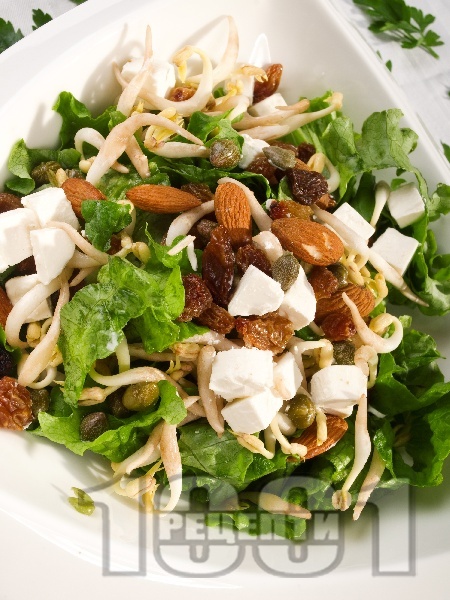 Зелена салата със спанак, кълнове, ядки и стафиди - снимка на рецептата